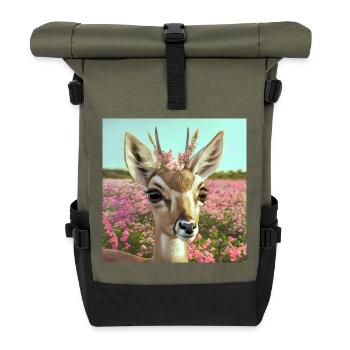 Cerf avec couronne de fleurs dans une prairie printanière (AI-Art) - Sac à dos roll top - olive/noir - Devant