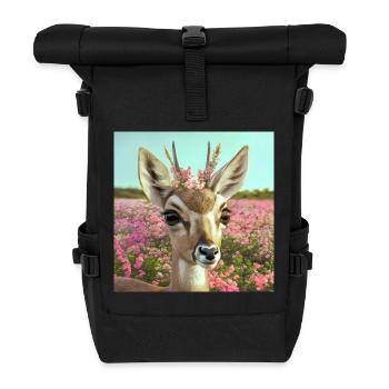 Deer with flower crown in spring meadow (AI-Art) - Roll Top Backpack - black - Front