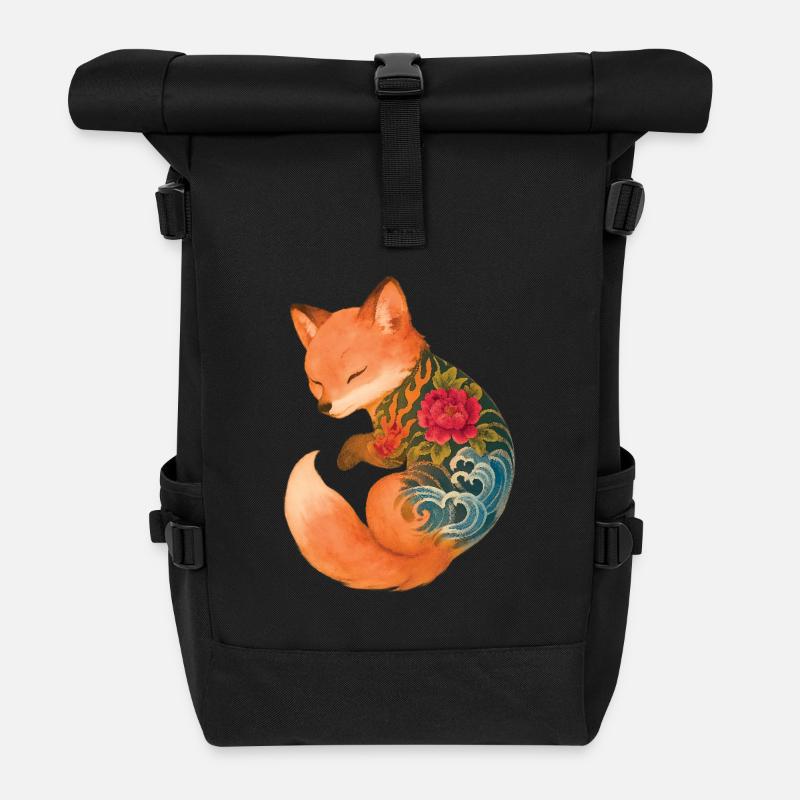 Tätowiertes Fuchsjunges – Schwebende Gelassenheit - Rolltop Rucksack - Schwarz