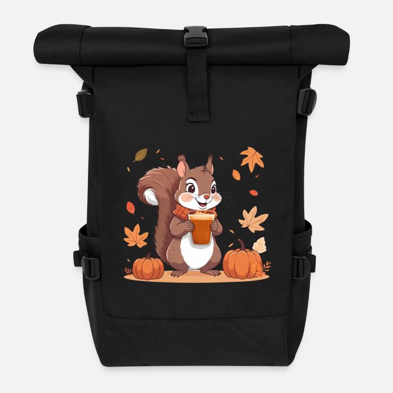 Cute squirrel with pumpkin spice latte autumn - Roll Top Backpack - black