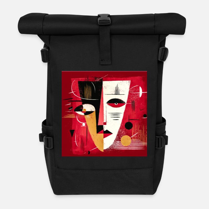 Modern Abstract Portrait in Red and Black - Roll Top Backpack - black