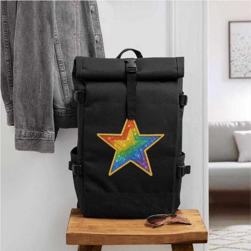 Rainbow Glitter Star Patch Design Roll Top Backpack