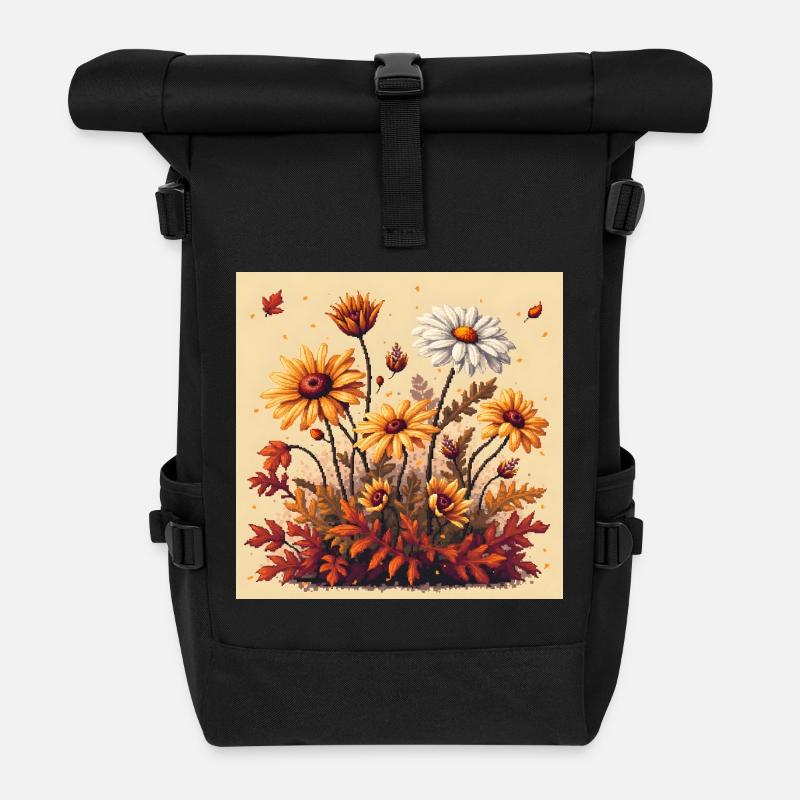 8-Bit Autumn Blooms - Roll Top Backpack - black
