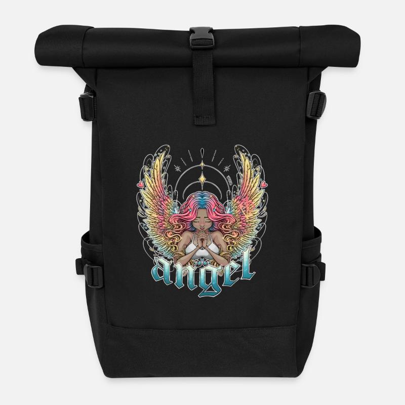 Celestial Angel with Multicoloured Wings - Roll Top Backpack - black