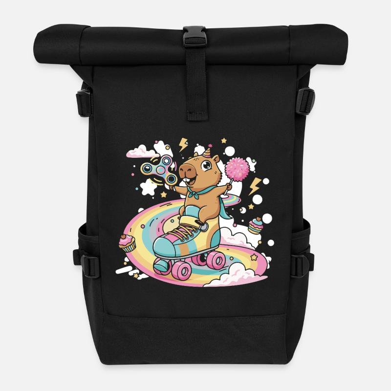 Capybara on Skate with Color Festival - Roll Top Backpack - black