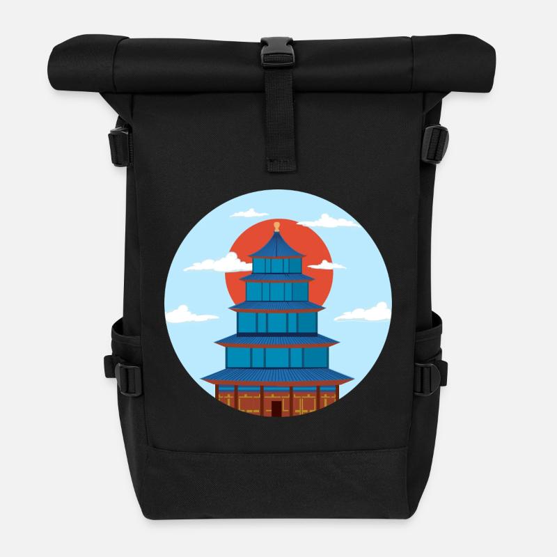 Traditional Blue and Orange Pagoda - Roll Top Backpack - black