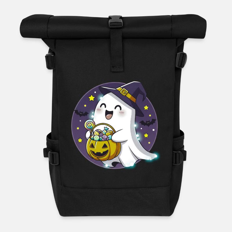 Skurriler Halloween-Geist mit Süßigkeitenkorb - Rolltop Rucksack - Schwarz