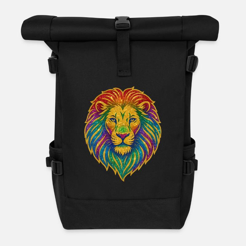 Regenbogenlöwe Glitzer-Motiv - Rolltop Rucksack - Schwarz