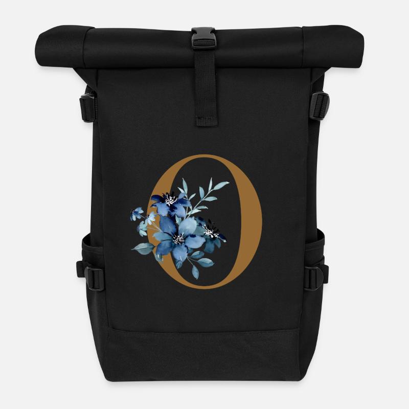 Florales O – Goldener Buchstabe mit Blüten - Rolltop Rucksack - Schwarz