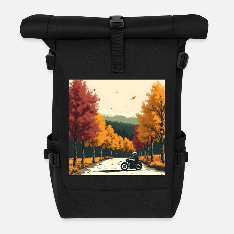 Block-Print Tree Row + Bike - Rolltop Rucksack - Schwarz