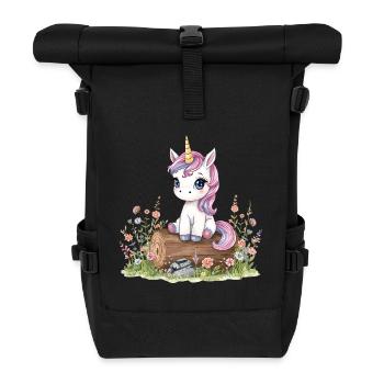 Watercolor unicorn on tree trunk with flowers - Roll Top Backpack - black - Front