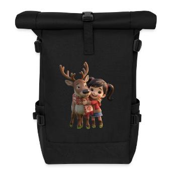 Winter love: Girl hugging reindeer - Roll Top Backpack - black - Front