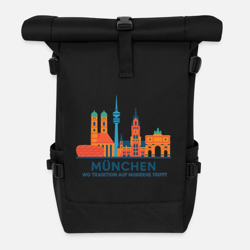München Skyline: Tradition trifft Moderne - Rolltop Rucksack - Schwarz