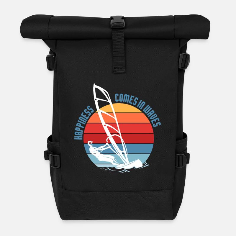 Le bonheur vient dans la conception des vagues de planche à voile - Sac à dos roll top - noir