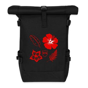 Roter Hibiskus und tropisches Laub - Rolltop Rucksack - Schwarz - Vorne