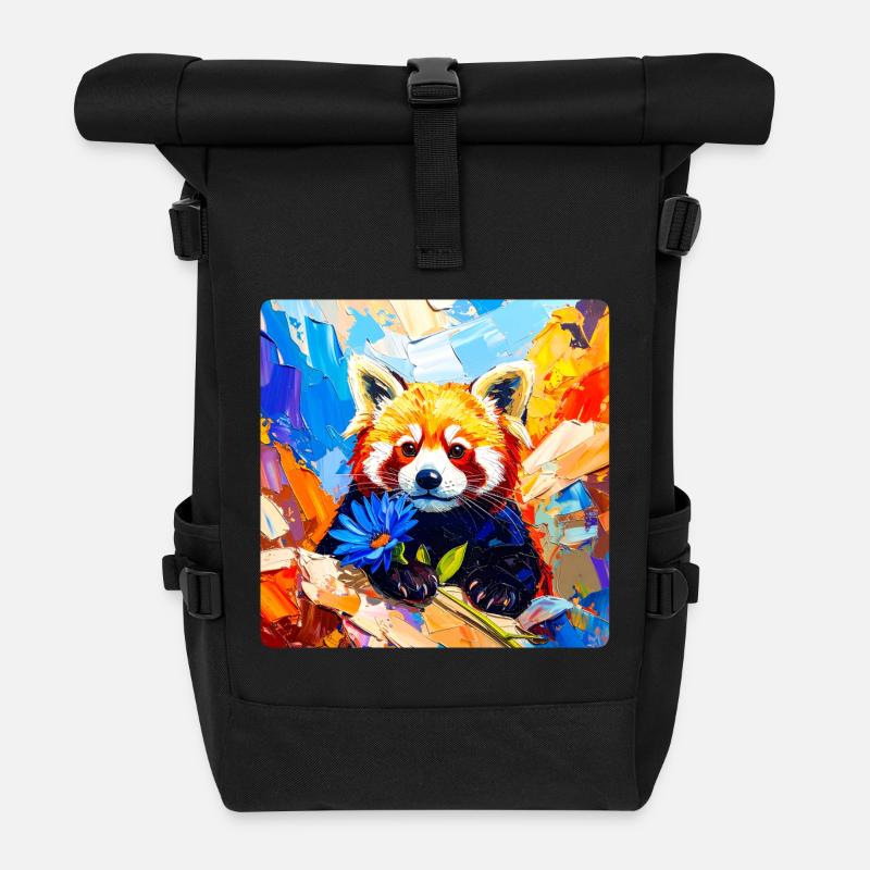 Roter-Panda-Blaue Blume - Rolltop Rucksack - Schwarz