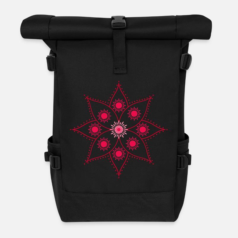 Mandala Rosette Intense Pink - Roll Top Backpack - black