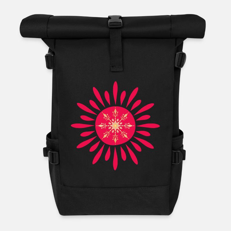 Red Floral Dawn - Roll Top Backpack - black