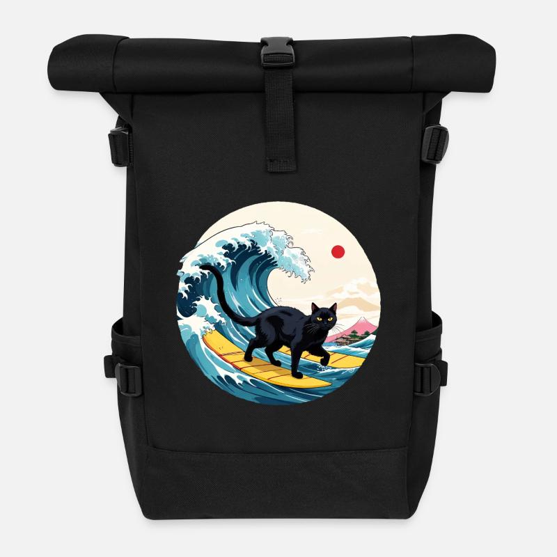 Black Cat Surfing Welle - Rolltop Rucksack - Schwarz