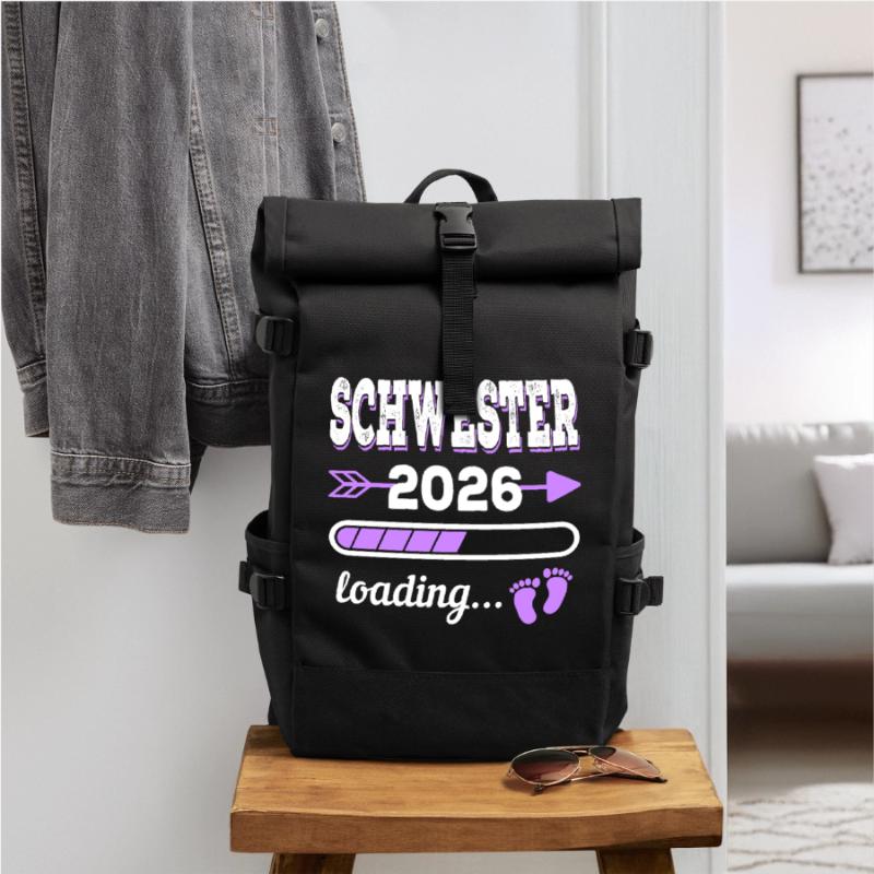 Schwester 2026 Loading Geburt Geschenkidee Rolltop Rucksack