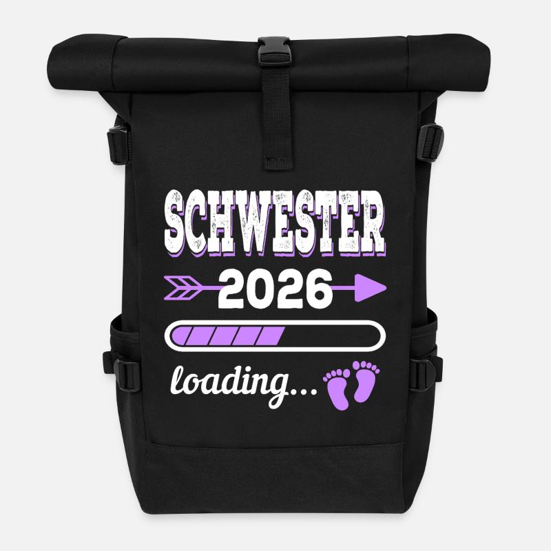 Schwester 2026 Loading Geburt Geschenkidee - Rolltop Rucksack - Schwarz