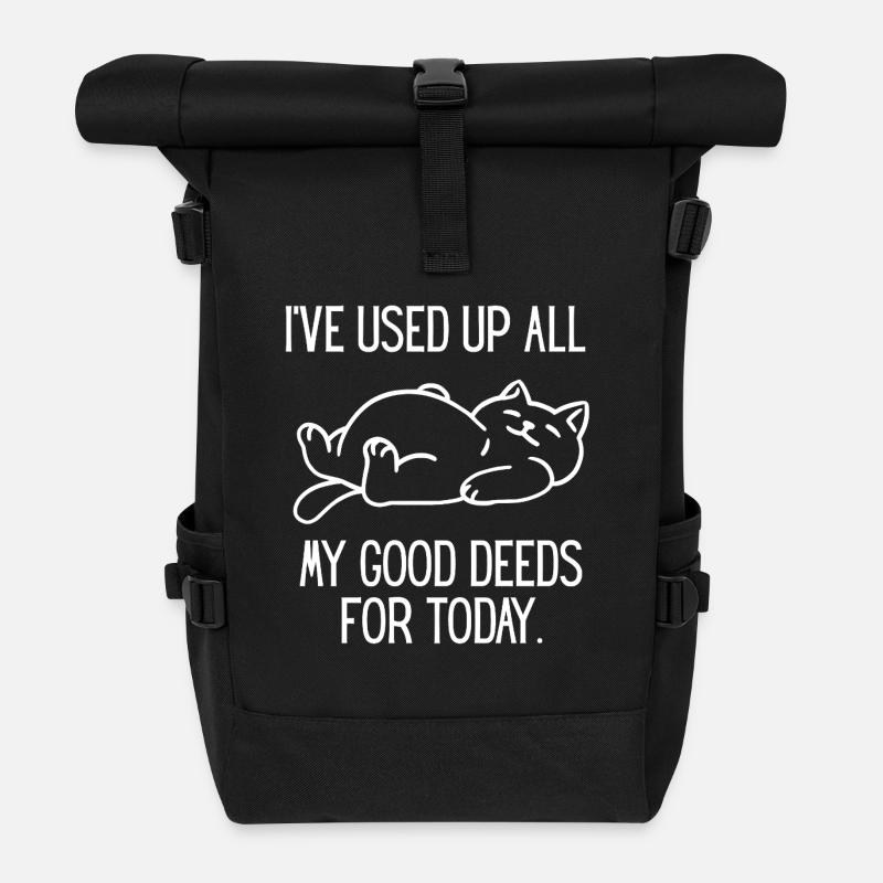 Schlafende Katze und Spruch Gute Taten - Rolltop Rucksack - Schwarz