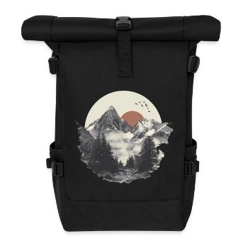 Mountain landscape with sun and birds – natural art - Roll Top Backpack - black - Front
