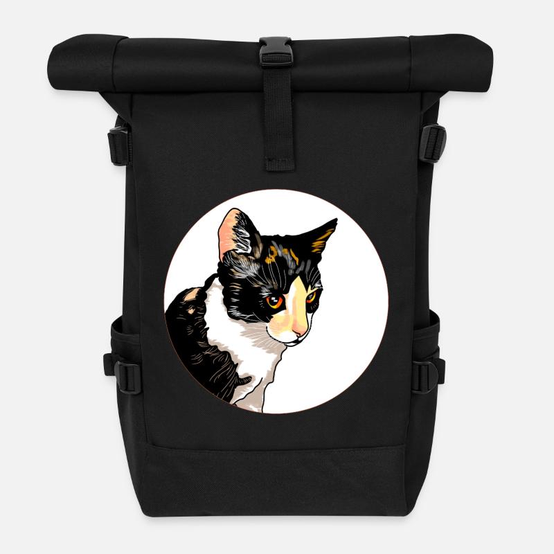 Cat Portrait Circle Contrast - Roll Top Backpack - black