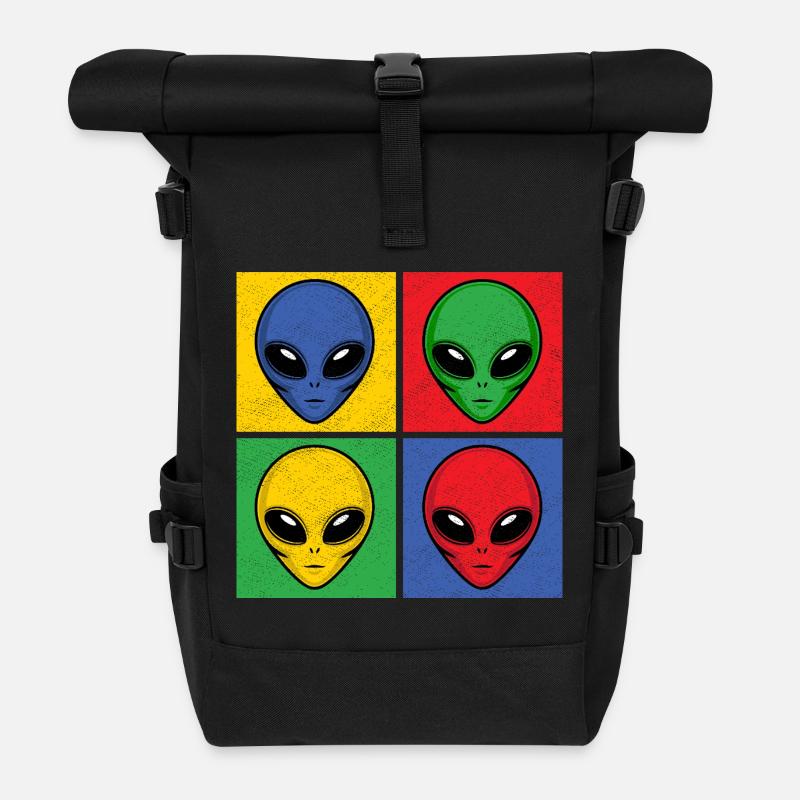 Aliens Pop-Art Popart Alienköpfe Aliengesichter - Rolltop Rucksack - Schwarz