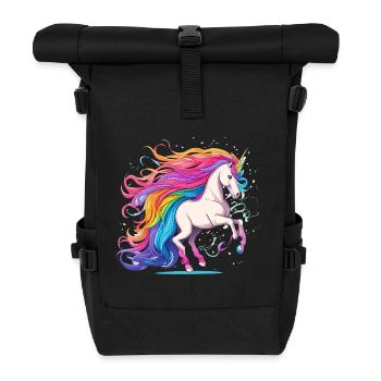 Rainbow Unicorn with Glowing Hair Tail - Roll Top Backpack - black - Front