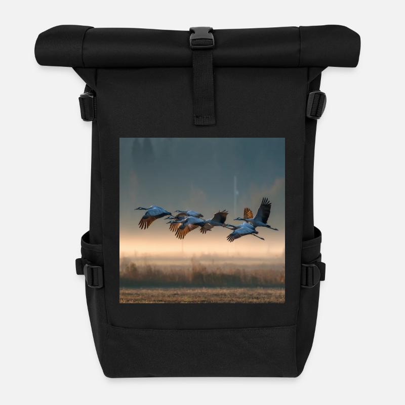Graue Kraniche Morgennebel Zugvögel Golden Light - Rolltop Rucksack - Schwarz