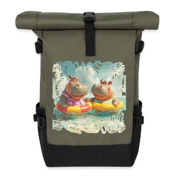 South Sea Hippos in Swimming Rings - Roll Top Backpack - olive/black - Front