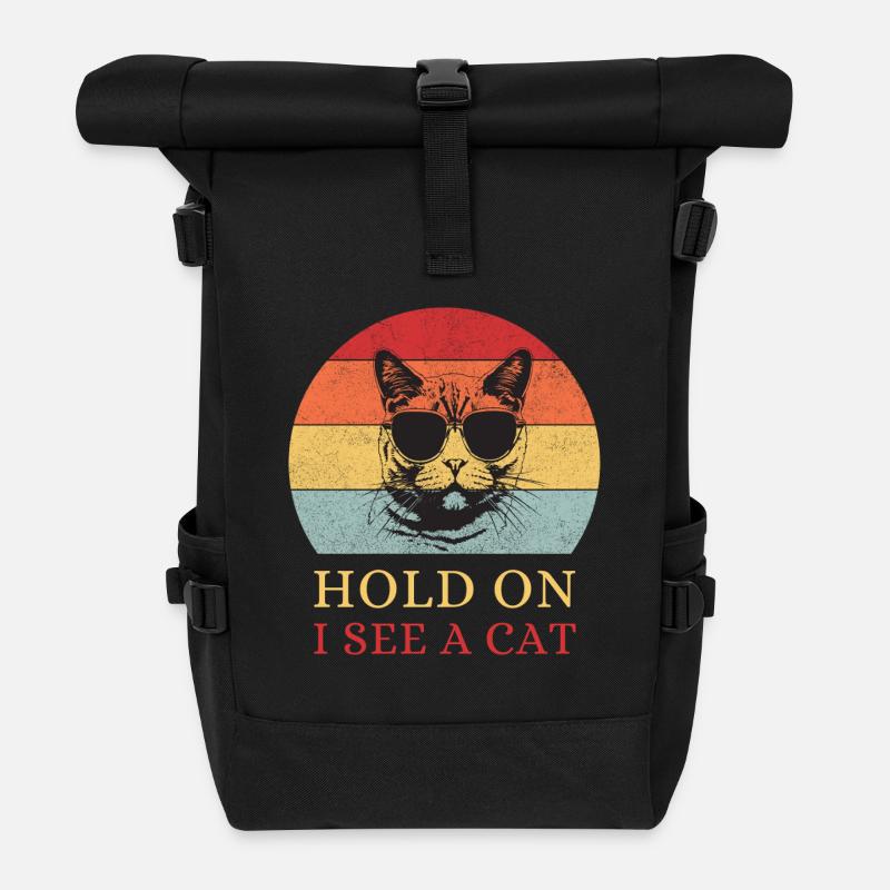 Hold On, I See a Cat – Retro Katze - Rolltop Rucksack - Schwarz