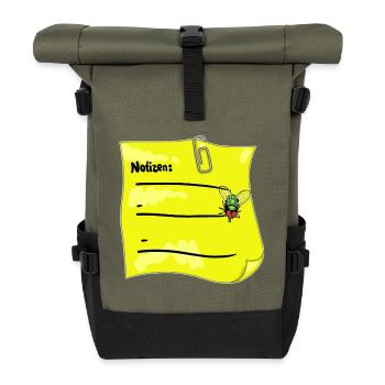 Notizzettel gelb – Büroklammer & Fake‑Fliege - Rolltop Rucksack - Olive/Schwarz - Vorne