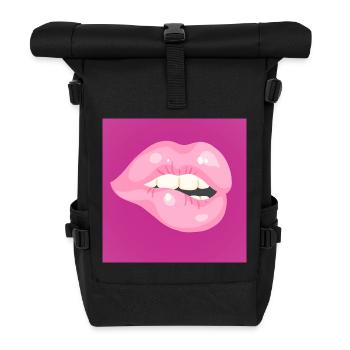 Glossy Pink Lip Bite on Magenta - Roll Top Backpack - black - Front