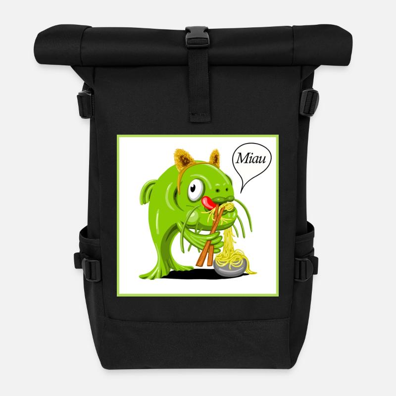 Catfish dressed as a cat slurping noodles - Roll Top Backpack - black