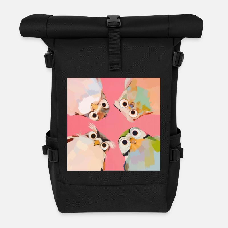 Four owls in a circle | Cute Pastel Animal Motif - Roll Top Backpack - black
