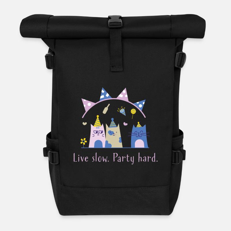 Live slow, party hard – Süße Katze Statement - Rolltop Rucksack - Schwarz