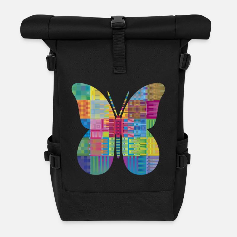 Colorful Patchwork Butterfly - Roll Top Backpack - black