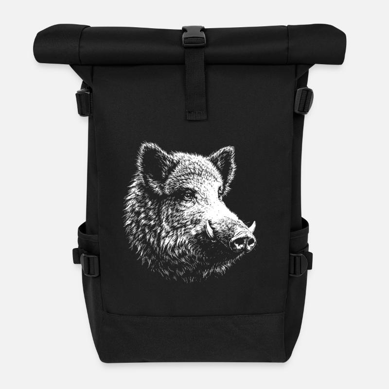 Wildschwein – Grafik mit weißem Bleistift auf schwarzem Hintergrund - Rolltop Rucksack - Schwarz