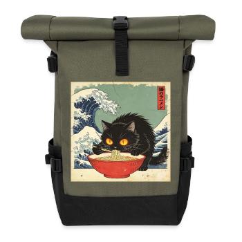 Japan Cat Ramen Noodles Retro Wave Pattern - Roll Top Backpack - olive/black - Front