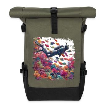 Unterwasser Taucher im bunten Korallenriff - Rolltop Rucksack - Olive/Schwarz - Vorne