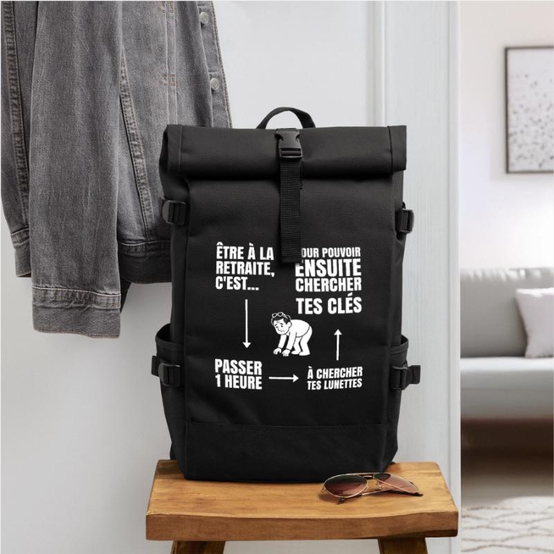 Im Ruhestand mit oder ohne Brille (weißer Text) Rolltop Rucksack