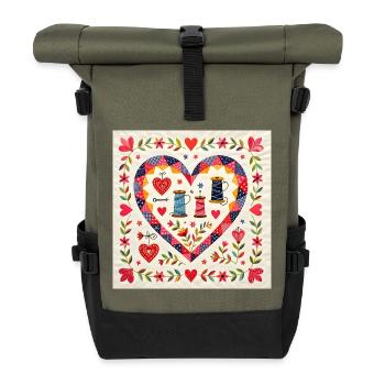 Patchwork Herz mit Garnen - Rolltop Rucksack - Olive/Schwarz - Vorne