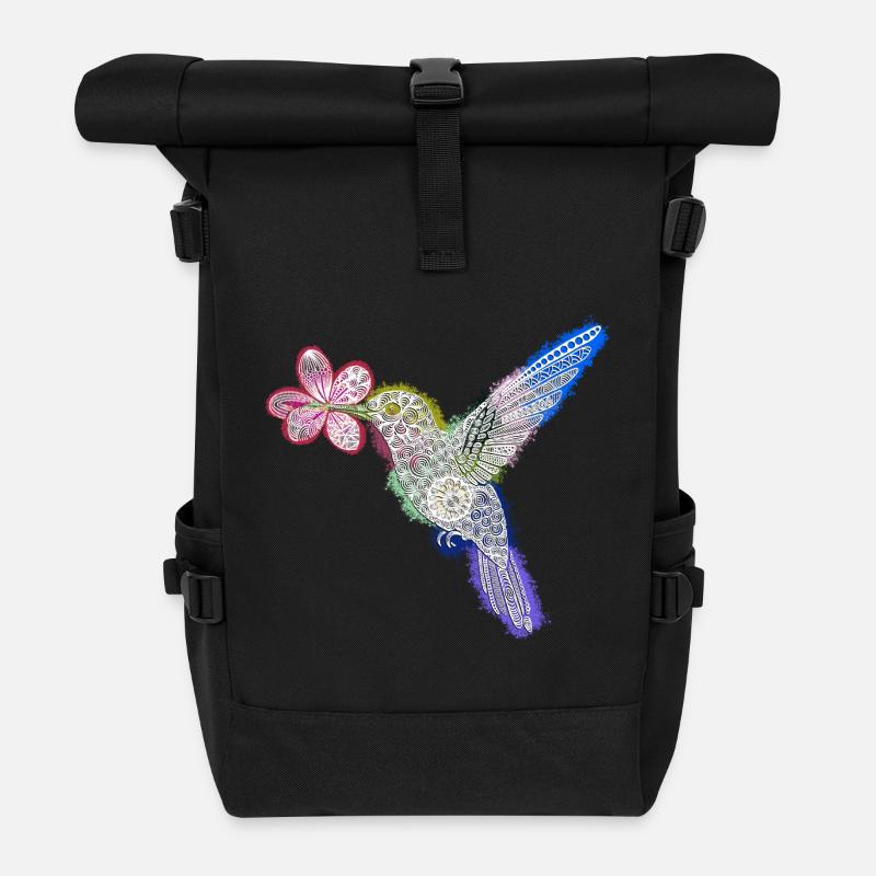 Zentangle Hummingbird with Flower - Roll Top Backpack - black