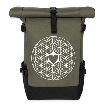 Lebensblume mit Herz weiß - Achtsamkeit, Selfcare - Rolltop Rucksack - Olive/Schwarz - Vorne