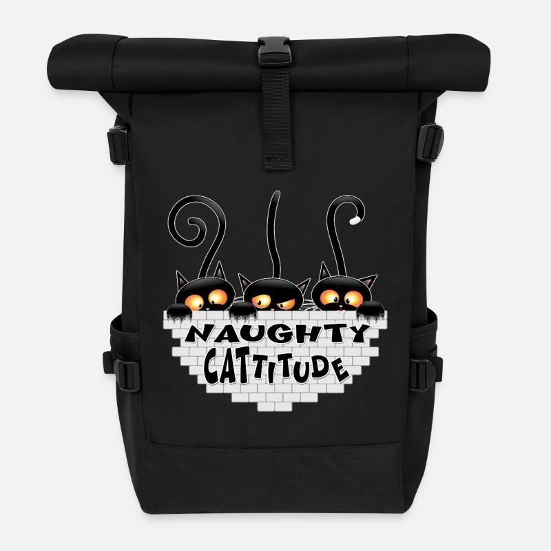 "Naughty Cattitude" Funny three Cute Black Cats  - Roll Top Backpack - black