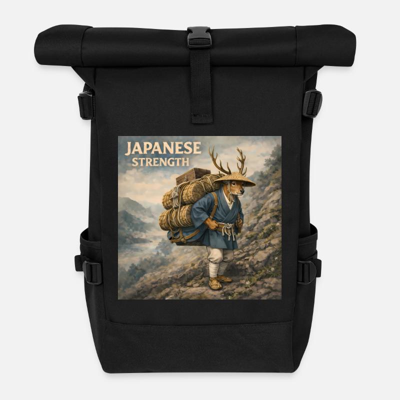 Japanese Shika Bokka Design - Roll Top Backpack - black