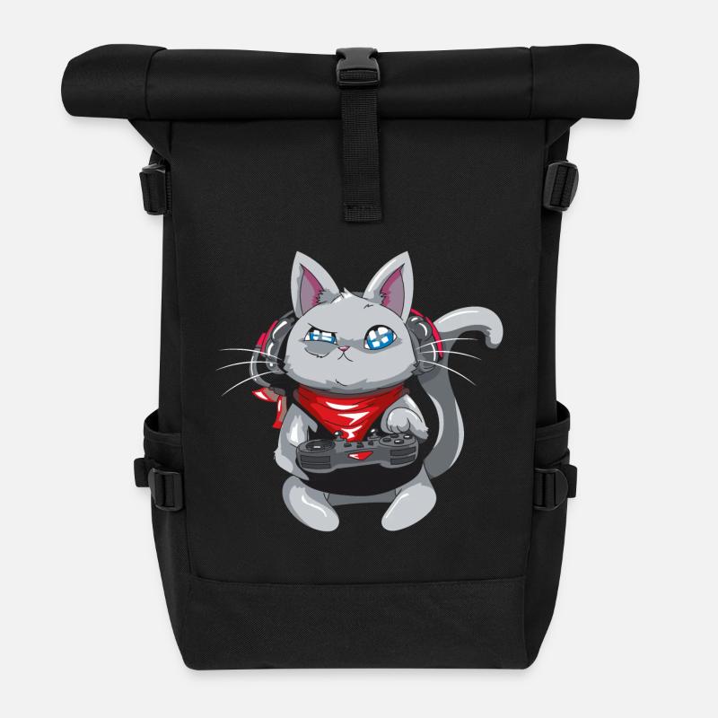 Katze mit Kopfhörern - spielende Katze - Gamer Katze - Rolltop Rucksack - Schwarz