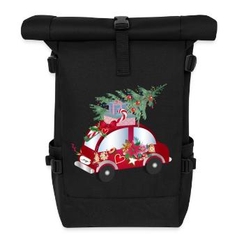red toy car decorated for Christmas - Roll Top Backpack - black - Front